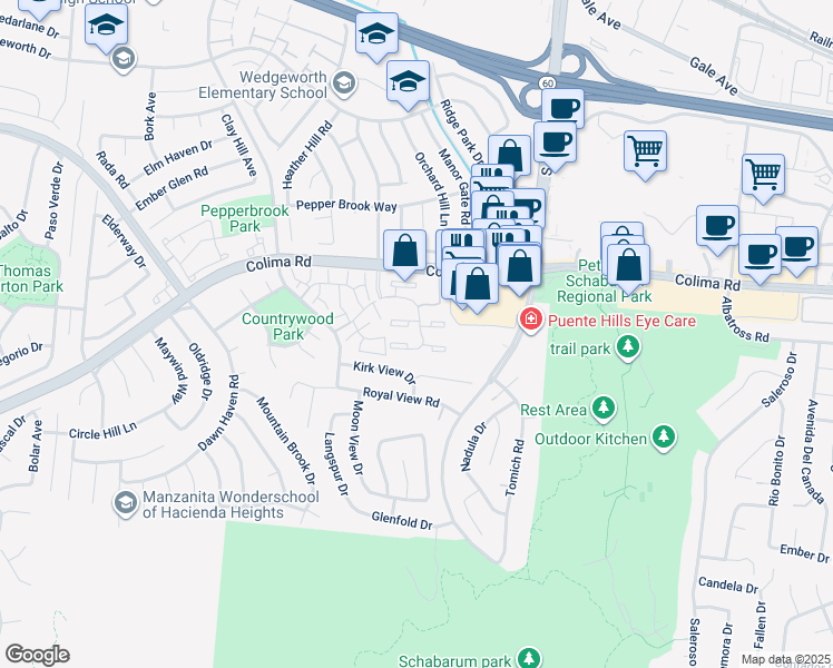 map of restaurants, bars, coffee shops, grocery stores, and more near 17080 Colima Road in Hacienda Heights