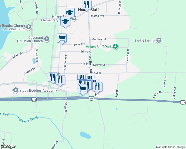 map of restaurants, bars, coffee shops, grocery stores, and more near 3578 Alford Bend Road in Gadsden
