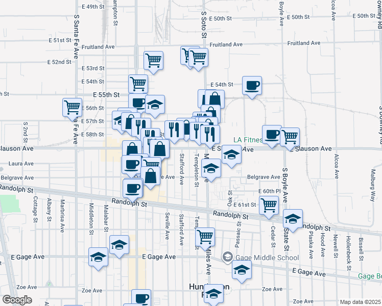 map of restaurants, bars, coffee shops, grocery stores, and more near 5924 Stafford Avenue in Huntington Park