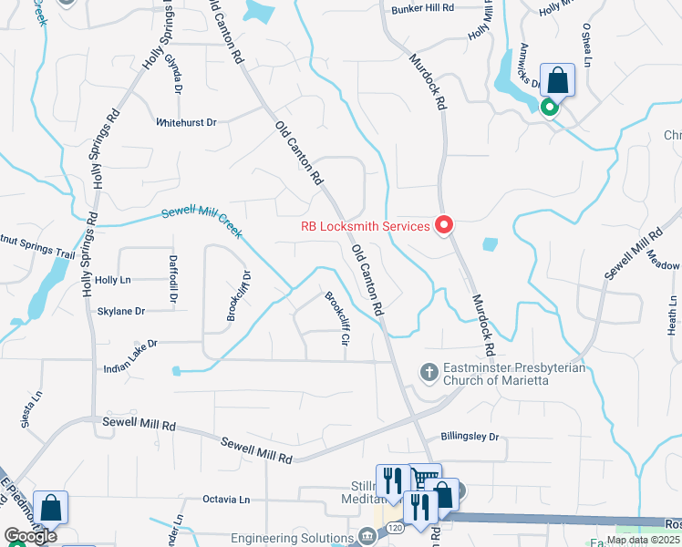map of restaurants, bars, coffee shops, grocery stores, and more near 1531 Brookcliff Circle in Marietta