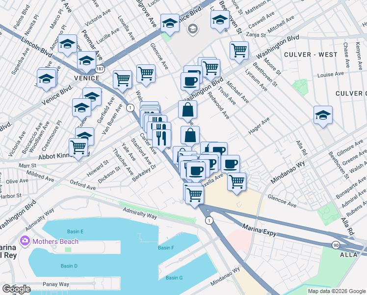 map of restaurants, bars, coffee shops, grocery stores, and more near 4108 Del Rey Avenue in Marina del Rey