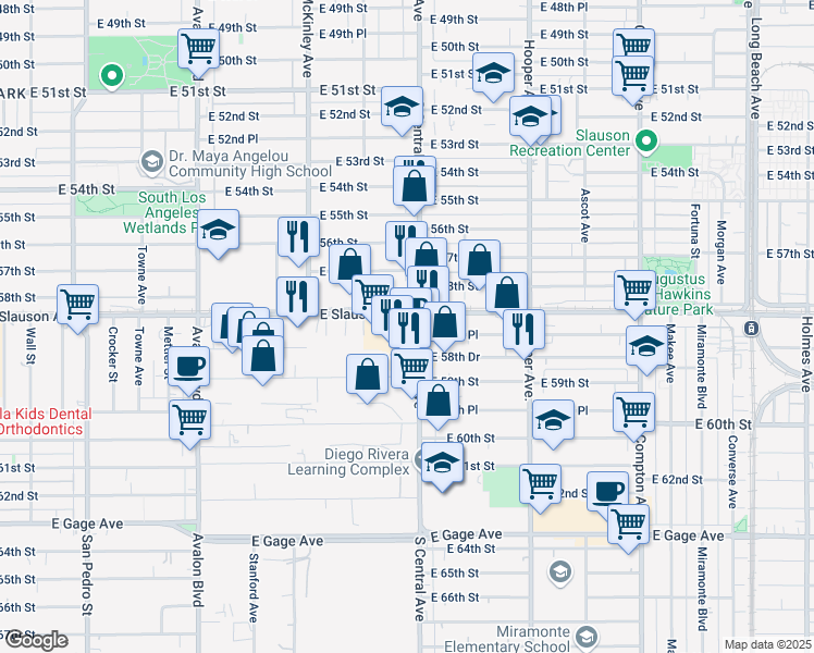 map of restaurants, bars, coffee shops, grocery stores, and more near 5837 South Central Avenue in Los Angeles