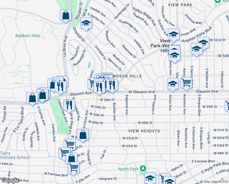 map of restaurants, bars, coffee shops, grocery stores, and more near W Slauson Ave & Angeles Vista Blvd in Los Angeles