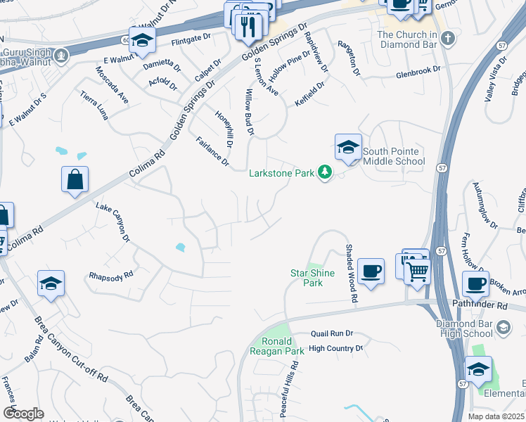 map of restaurants, bars, coffee shops, grocery stores, and more near 20619 Shepherd Hills Drive in Diamond Bar