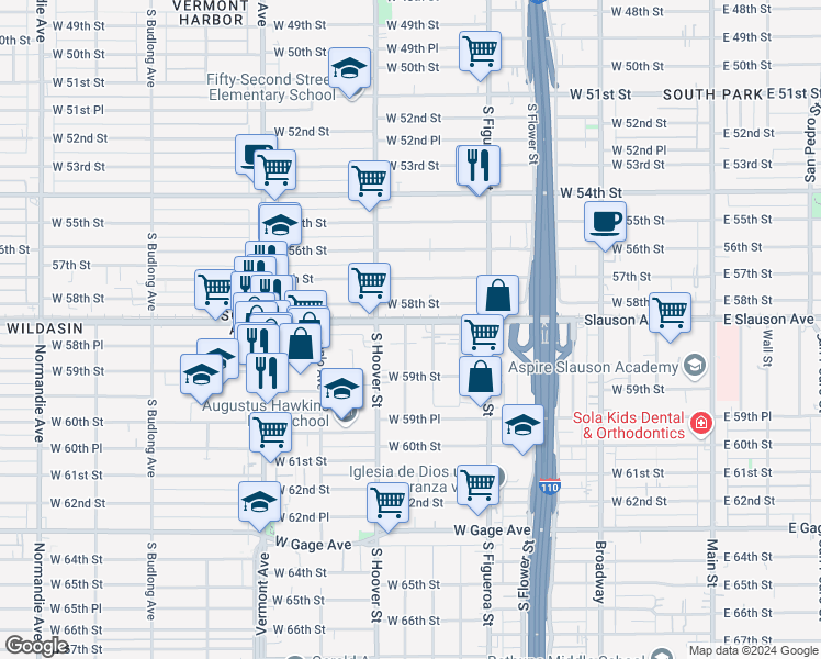 map of restaurants, bars, coffee shops, grocery stores, and more near 676 West Slauson Avenue in Los Angeles