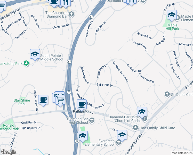map of restaurants, bars, coffee shops, grocery stores, and more near 1789 Cliffbranch Drive in Diamond Bar