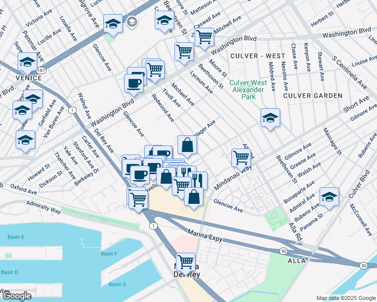 map of restaurants, bars, coffee shops, grocery stores, and more near 4241 Redwood Avenue in Los Angeles