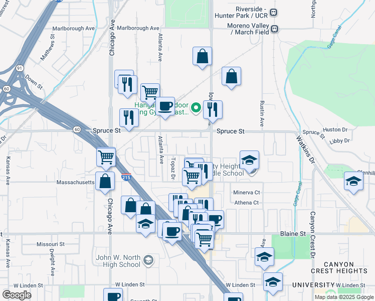 map of restaurants, bars, coffee shops, grocery stores, and more near 2621 Turquoise Street in Riverside