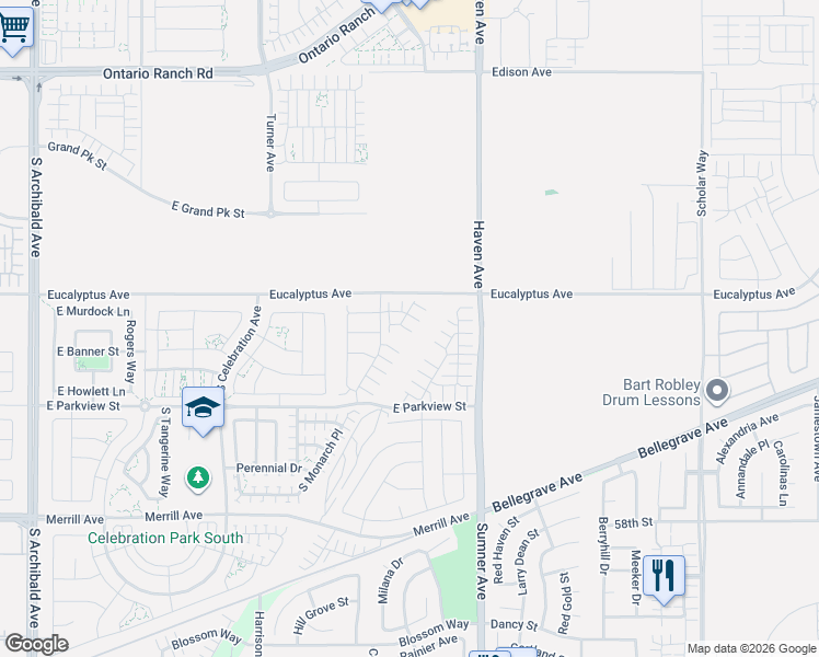 map of restaurants, bars, coffee shops, grocery stores, and more near 10333 Eucalyptus Avenue in Ontario