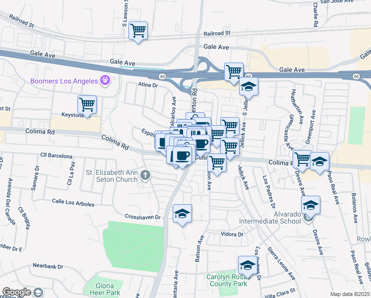 map of restaurants, bars, coffee shops, grocery stores, and more near 18307 Colima Road in Rowland Heights