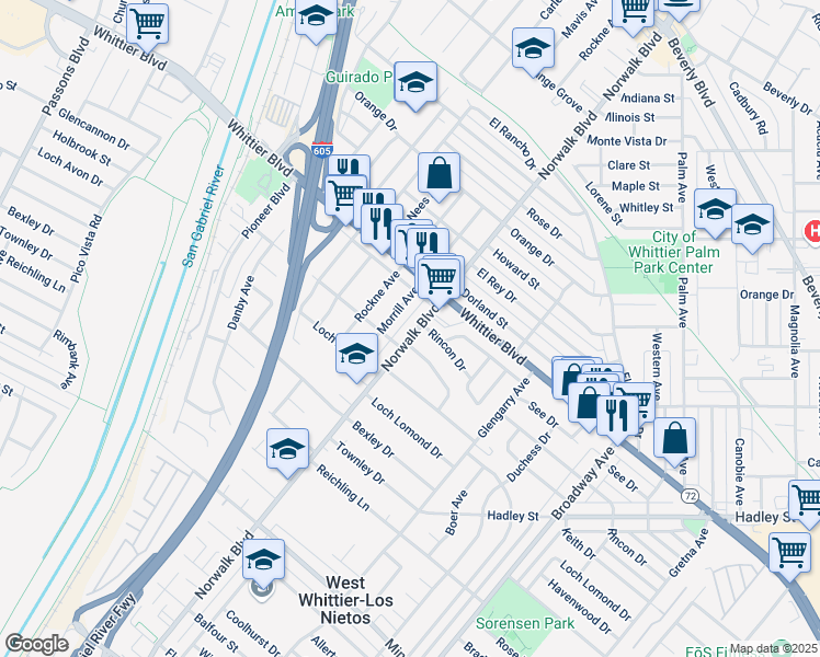 map of restaurants, bars, coffee shops, grocery stores, and more near 1081 Glencannon Drive in Whittier