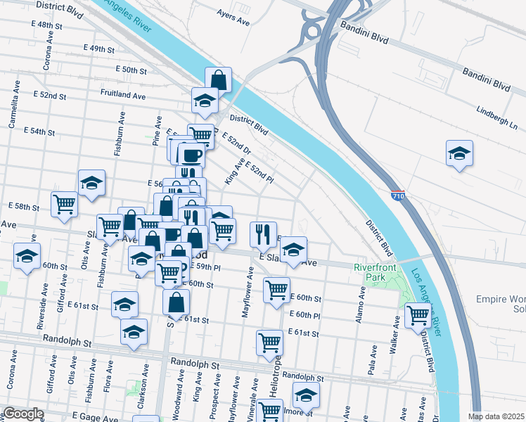 map of restaurants, bars, coffee shops, grocery stores, and more near 4710 East 57th Street in Maywood