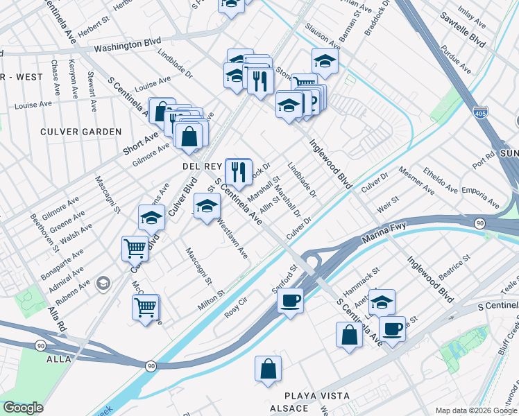 map of restaurants, bars, coffee shops, grocery stores, and more near 4904 South Centinela Avenue in Los Angeles
