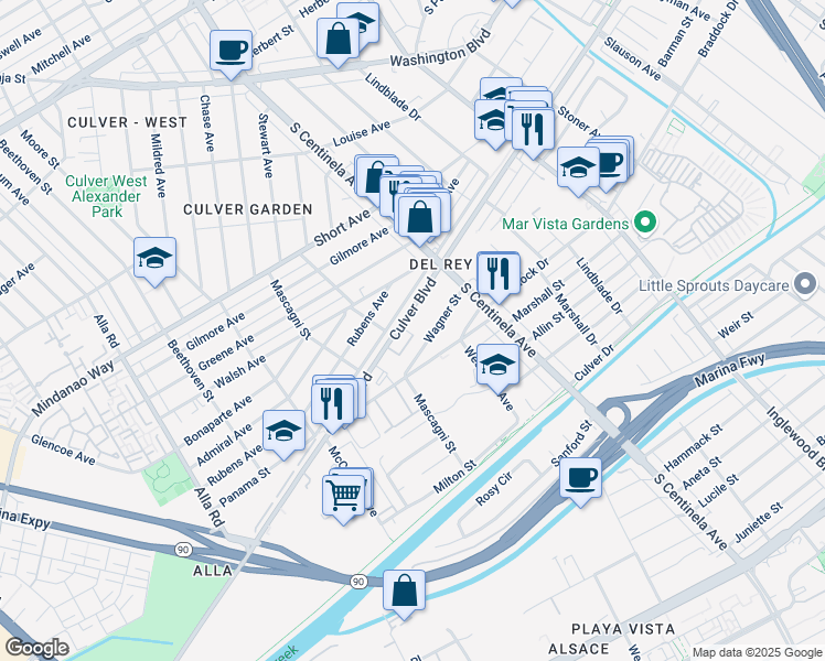 map of restaurants, bars, coffee shops, grocery stores, and more near in Los Angeles