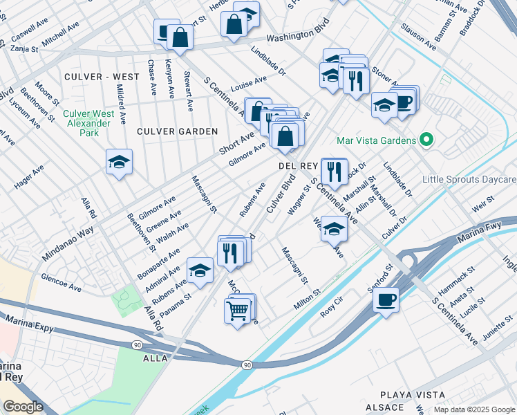 map of restaurants, bars, coffee shops, grocery stores, and more near 12523 Culver Boulevard in Los Angeles