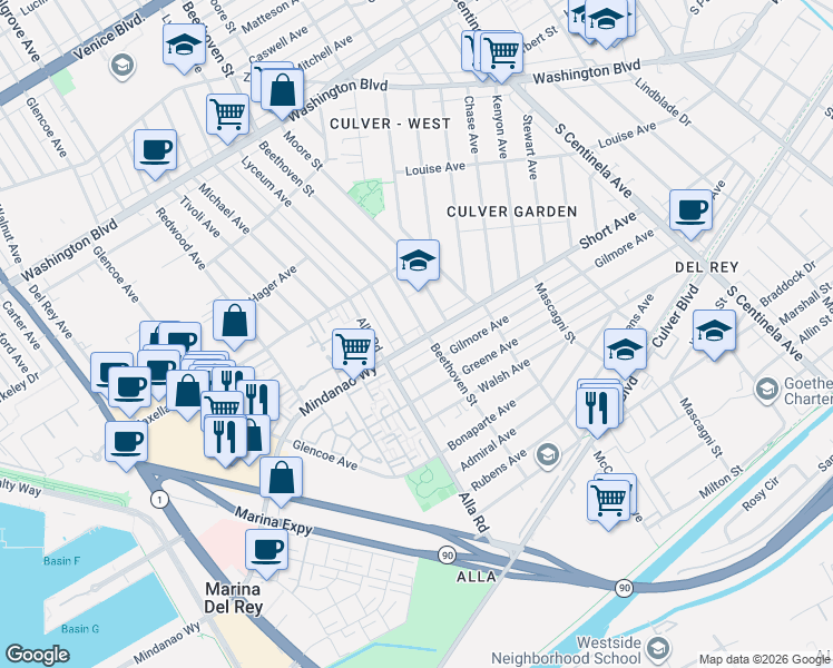 map of restaurants, bars, coffee shops, grocery stores, and more near 4375 Lyceum Avenue in Los Angeles