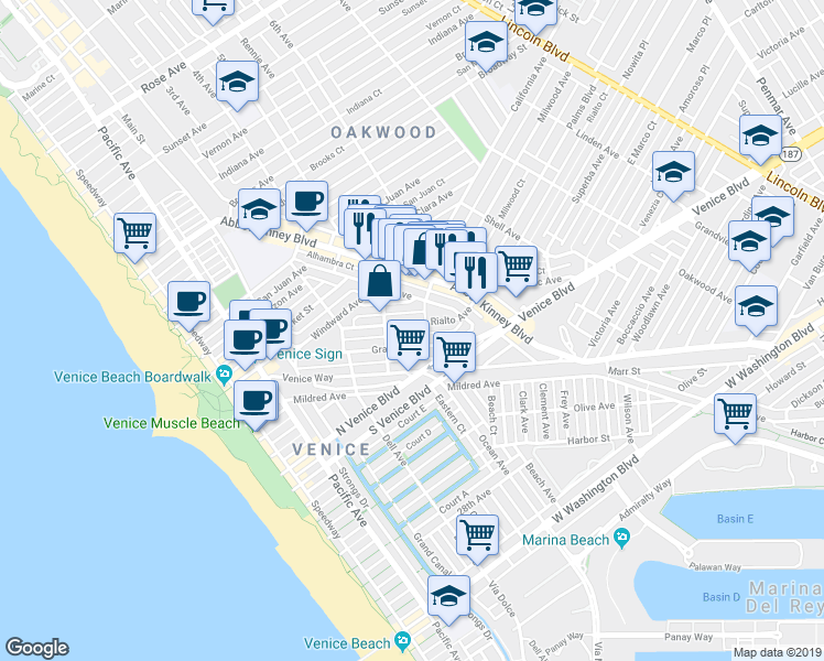 map of restaurants, bars, coffee shops, grocery stores, and more near 505 Grand Boulevard in Los Angeles