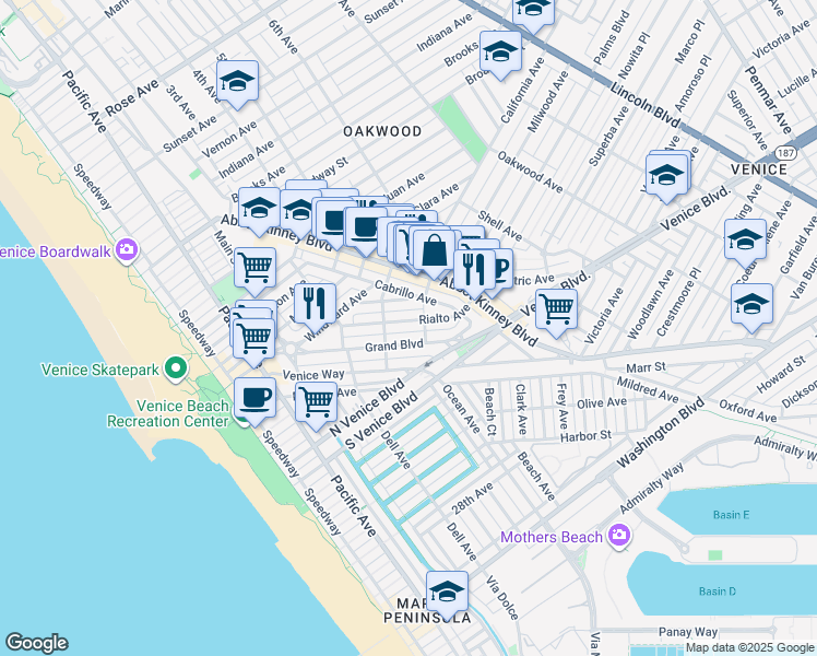map of restaurants, bars, coffee shops, grocery stores, and more near 505 Grand Boulevard in Los Angeles