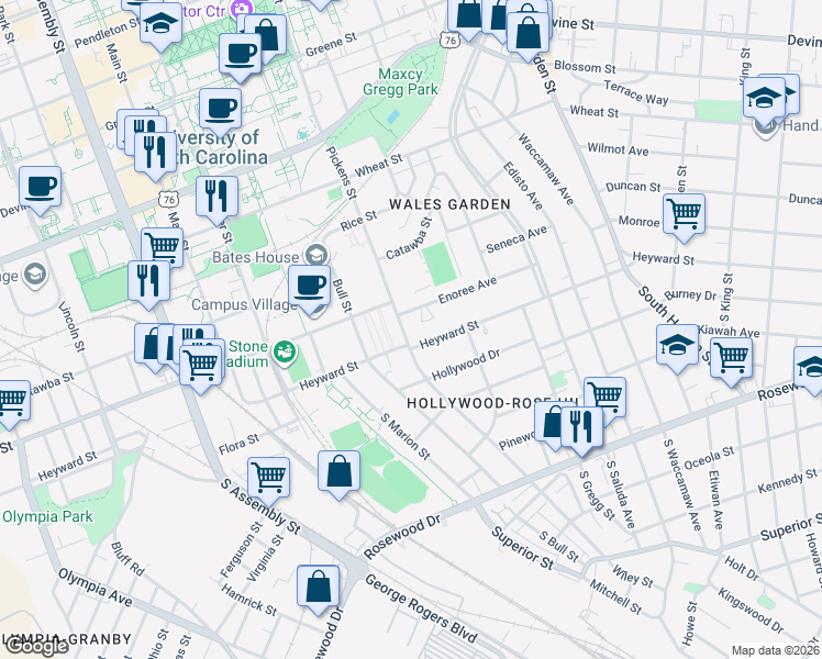 map of restaurants, bars, coffee shops, grocery stores, and more near in Columbia