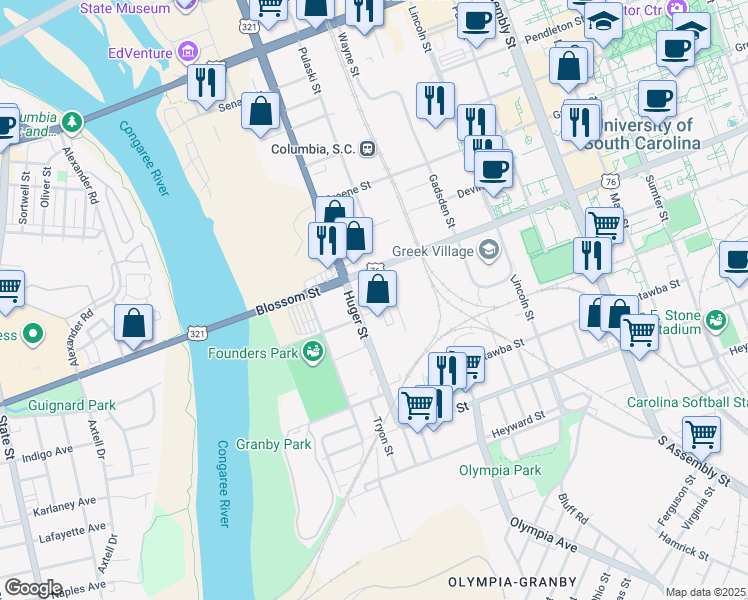 map of restaurants, bars, coffee shops, grocery stores, and more near 500 Huger Street in Columbia