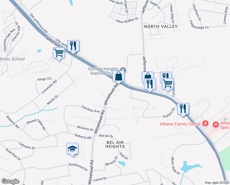 map of restaurants, bars, coffee shops, grocery stores, and more near 105 Whitehead Road in Athens