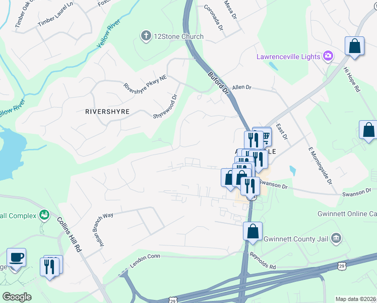 map of restaurants, bars, coffee shops, grocery stores, and more near 599 Reading Court Northeast in Lawrenceville