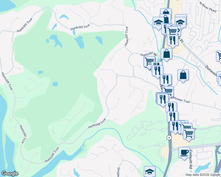 map of restaurants, bars, coffee shops, grocery stores, and more near 9960 Huntcliff Trace in Atlanta