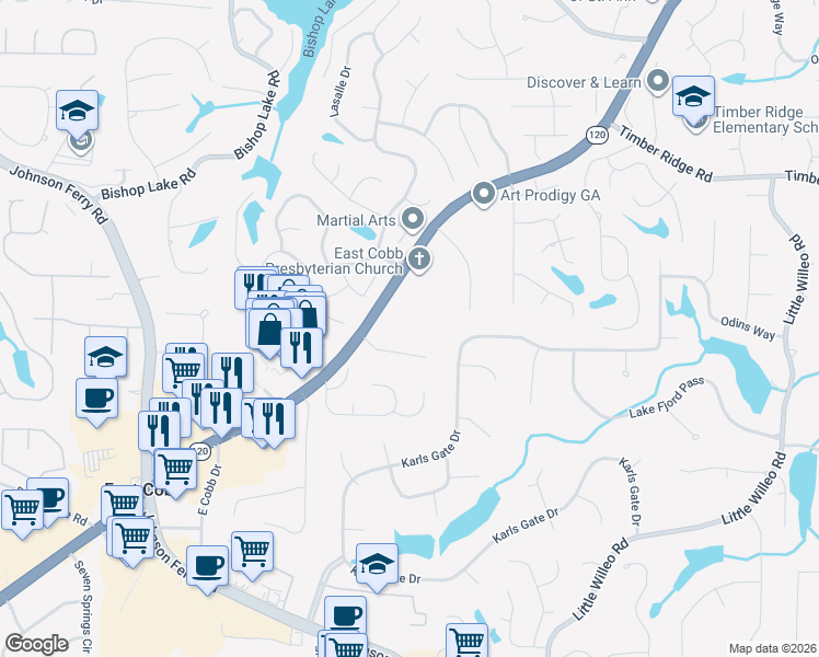 map of restaurants, bars, coffee shops, grocery stores, and more near 4645 Hampton Chase in Marietta