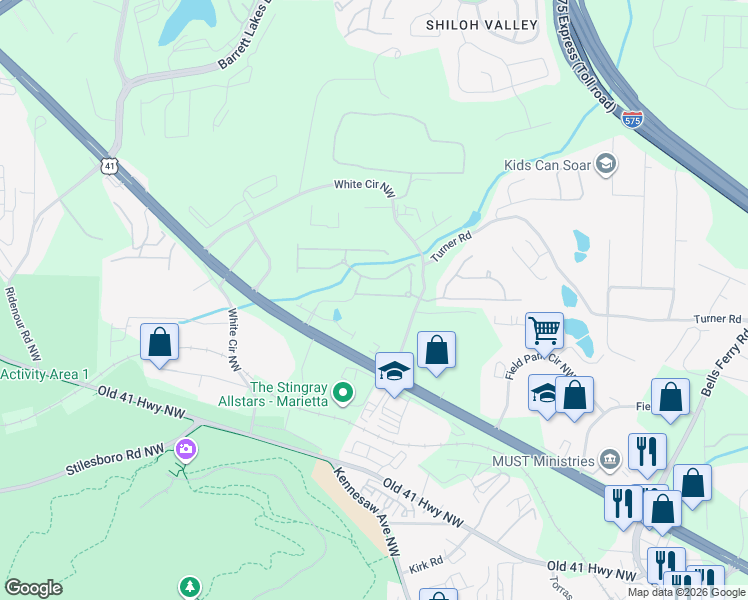 map of restaurants, bars, coffee shops, grocery stores, and more near 433 Cherry Tree Lane Northeast in Marietta