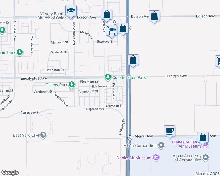 map of restaurants, bars, coffee shops, grocery stores, and more near 6951 Edinboro Street in Chino