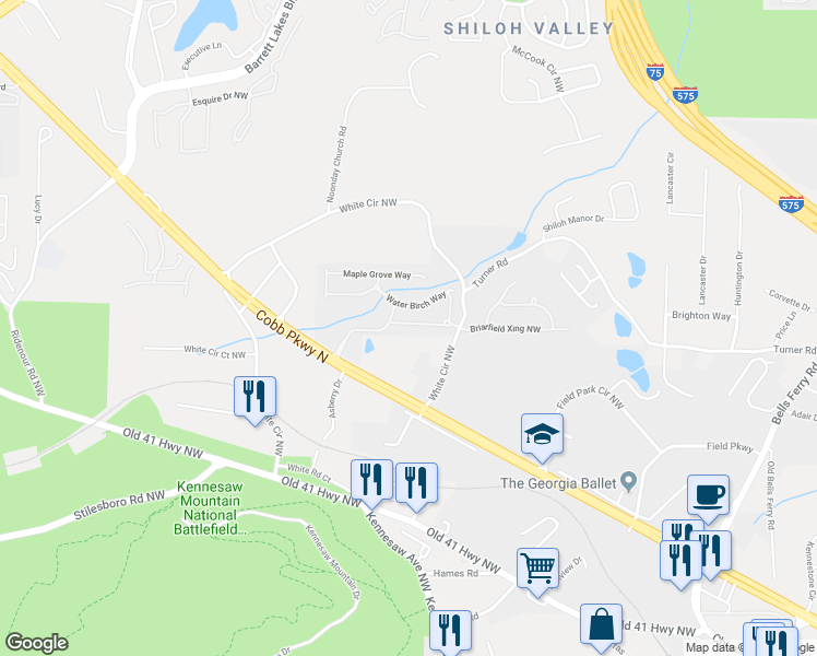 map of restaurants, bars, coffee shops, grocery stores, and more near 433 Cherry Tree Lane Northeast in Marietta