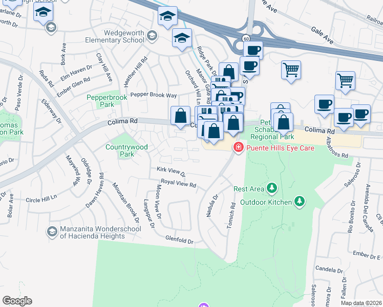 map of restaurants, bars, coffee shops, grocery stores, and more near 17080 Colima Road in Hacienda Heights