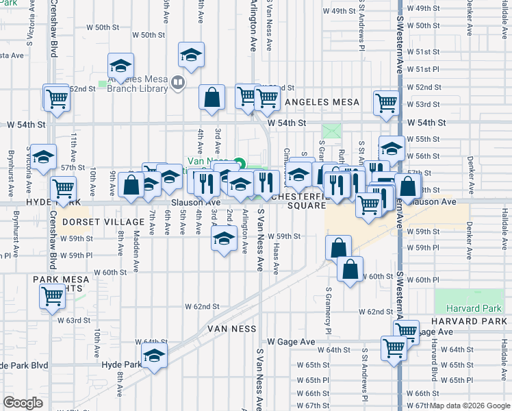 map of restaurants, bars, coffee shops, grocery stores, and more near 5822 Arlington Avenue in Los Angeles