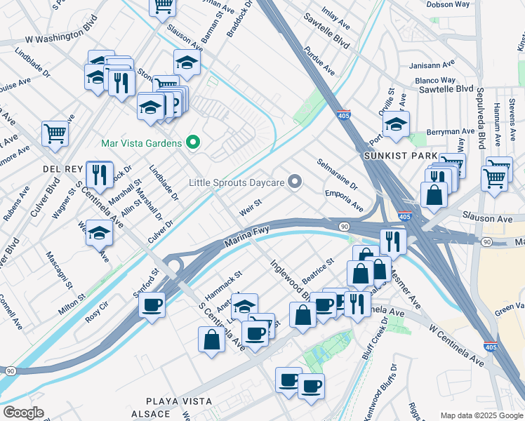 map of restaurants, bars, coffee shops, grocery stores, and more near 11935 Bray Street in Culver City