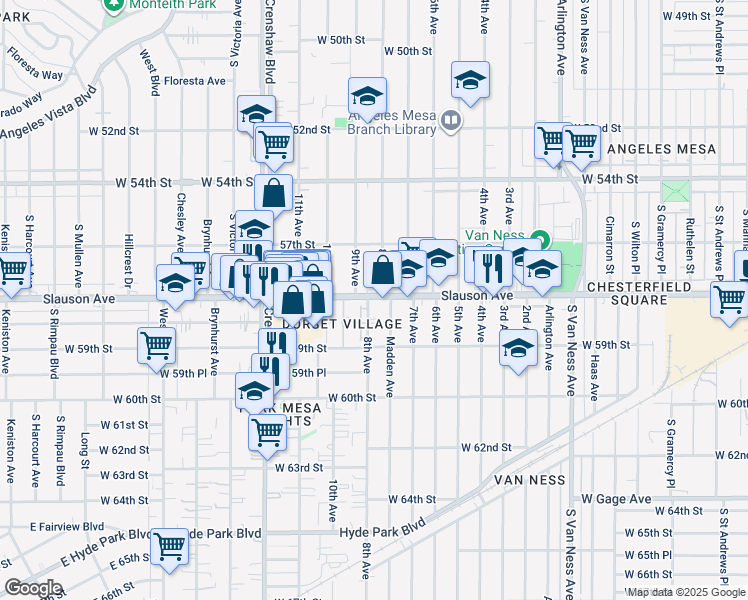 map of restaurants, bars, coffee shops, grocery stores, and more near 3020 West Slauson Avenue in Los Angeles
