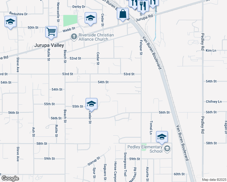 map of restaurants, bars, coffee shops, grocery stores, and more near Felspar Street in Jurupa Valley