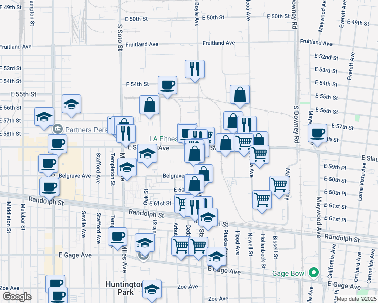 map of restaurants, bars, coffee shops, grocery stores, and more near 3081 Slauson Avenue in Huntington Park
