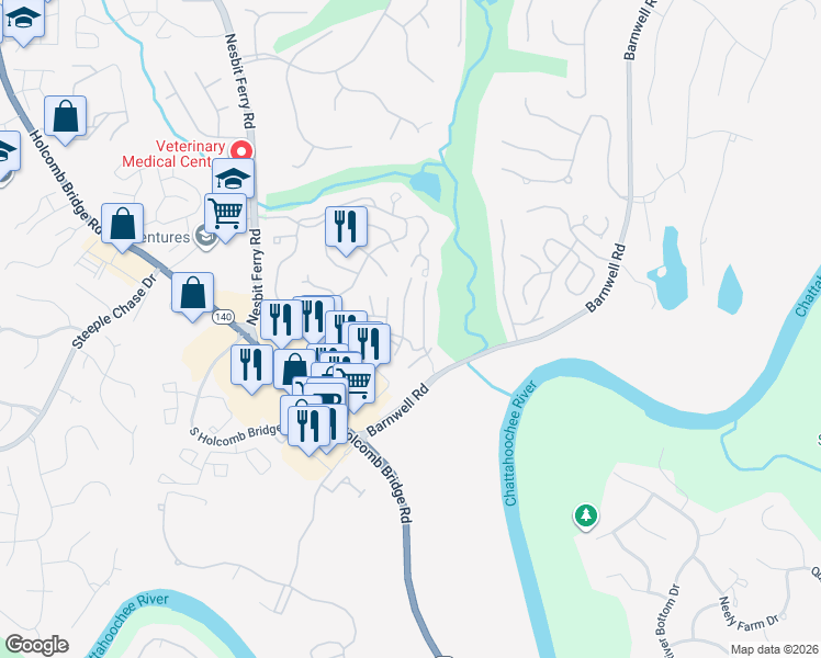 map of restaurants, bars, coffee shops, grocery stores, and more near 112 Hawkstone Way in Alpharetta