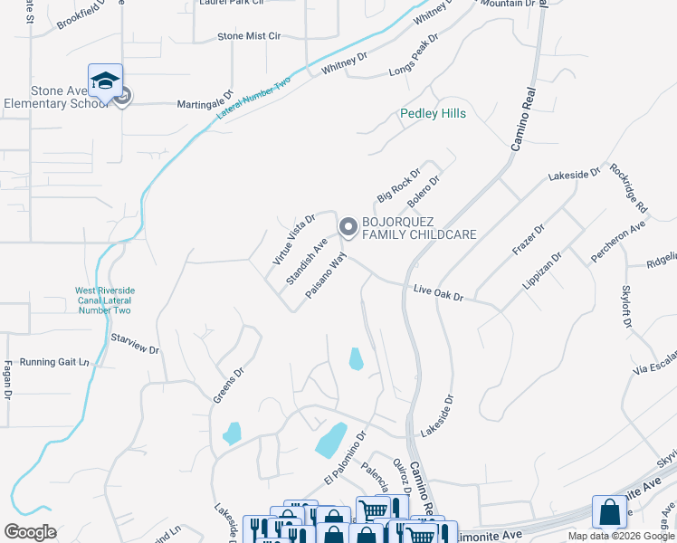 map of restaurants, bars, coffee shops, grocery stores, and more near 7880 Paisano Way in Riverside