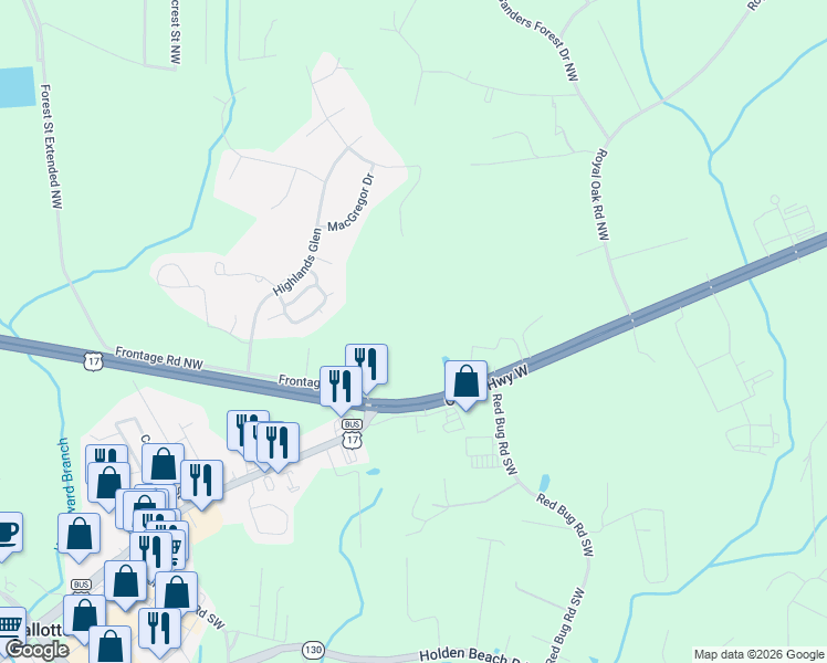 map of restaurants, bars, coffee shops, grocery stores, and more near 130 Bozeman Loop Northwest in Shallotte