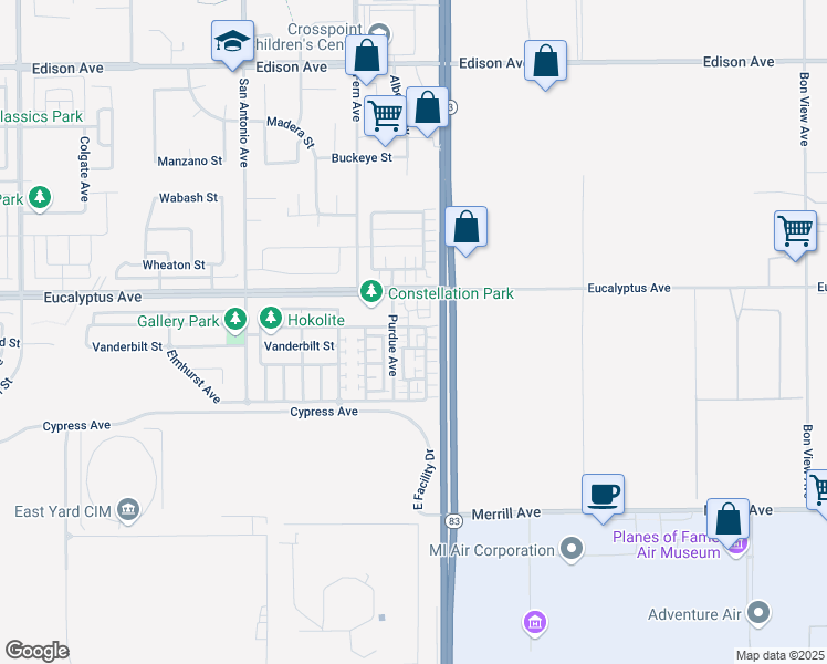 map of restaurants, bars, coffee shops, grocery stores, and more near 7009 Edinboro Street in Chino