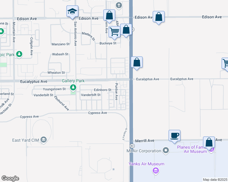 map of restaurants, bars, coffee shops, grocery stores, and more near 6965 Edinboro Street in Chino