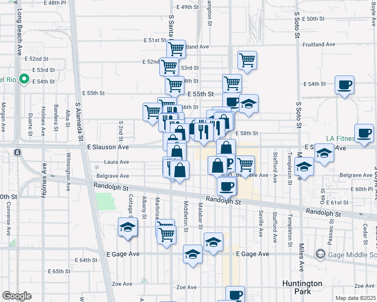 map of restaurants, bars, coffee shops, grocery stores, and more near 5930 Middleton Street in Huntington Park