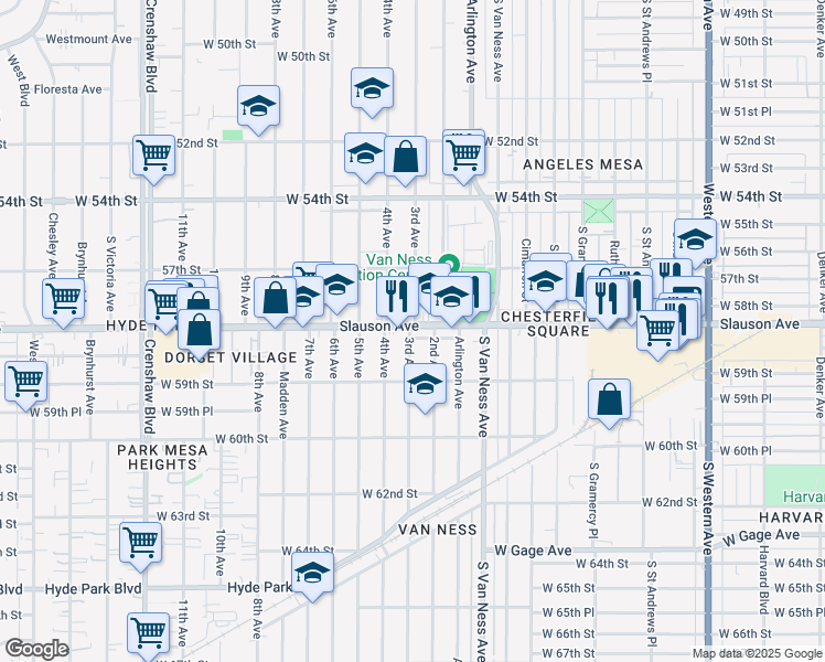 map of restaurants, bars, coffee shops, grocery stores, and more near 5821 2nd Avenue in Los Angeles
