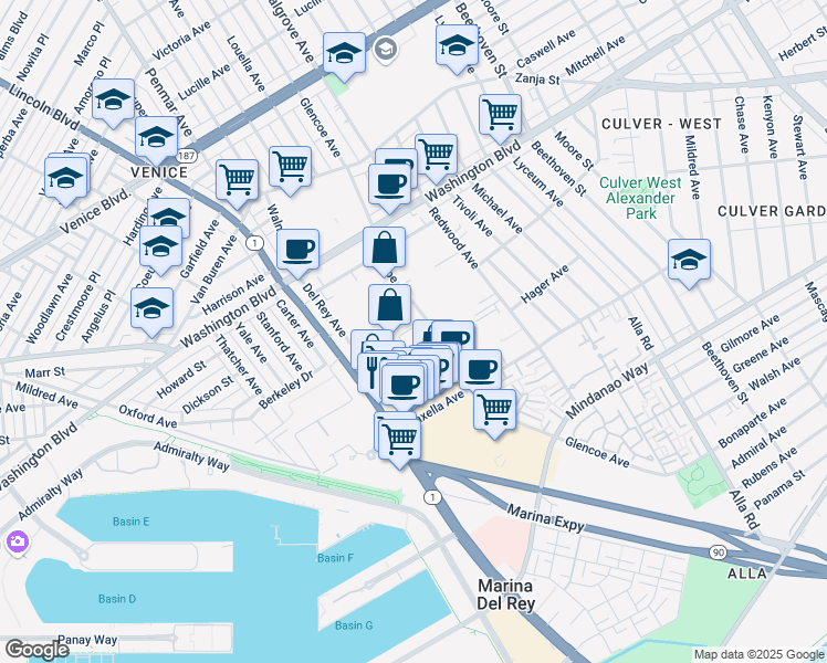 map of restaurants, bars, coffee shops, grocery stores, and more near 4131 Glencoe Avenue in Marina del Rey