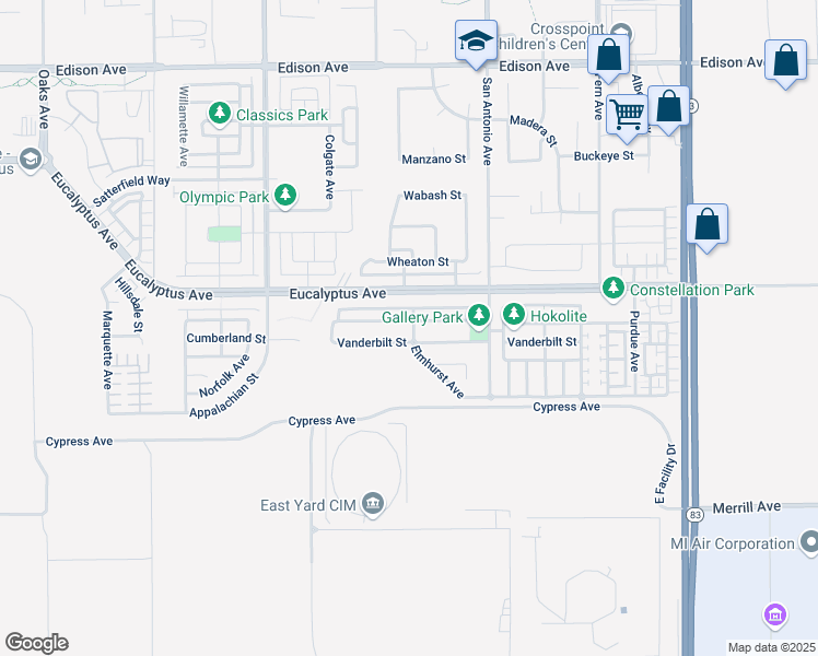 map of restaurants, bars, coffee shops, grocery stores, and more near 6585 Youngstown Street in Chino