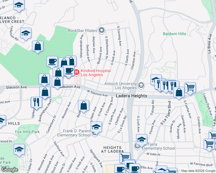 map of restaurants, bars, coffee shops, grocery stores, and more near 5320 West 57th Street in Los Angeles