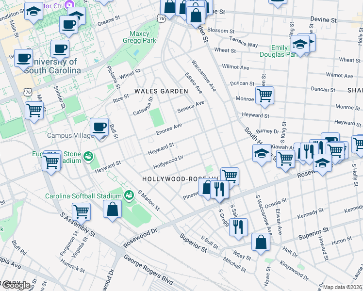 map of restaurants, bars, coffee shops, grocery stores, and more near 1719 Hollywood Drive in Columbia