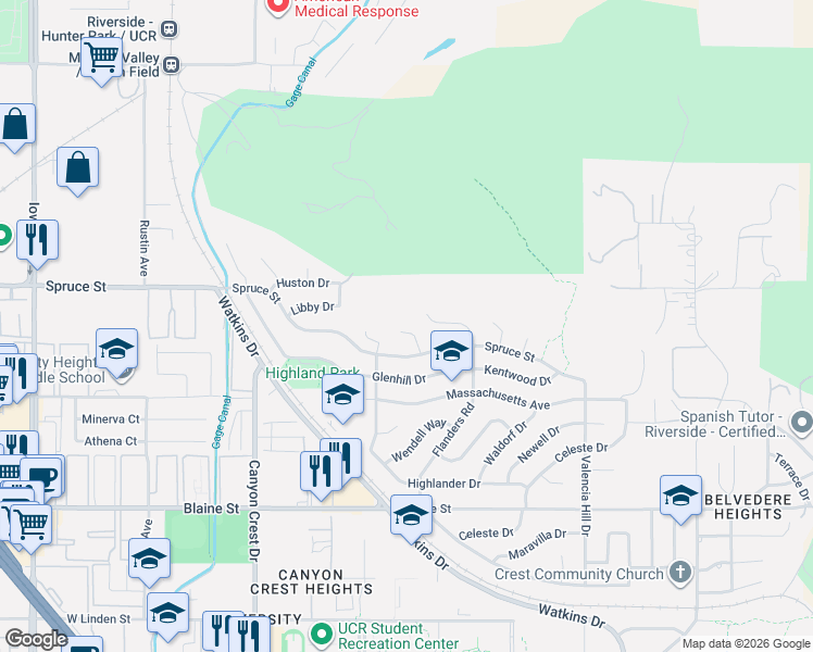 map of restaurants, bars, coffee shops, grocery stores, and more near 2510 Cloudcrest Way in Riverside