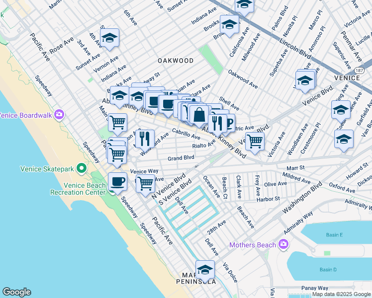 map of restaurants, bars, coffee shops, grocery stores, and more near 522 Rialto Avenue in Los Angeles